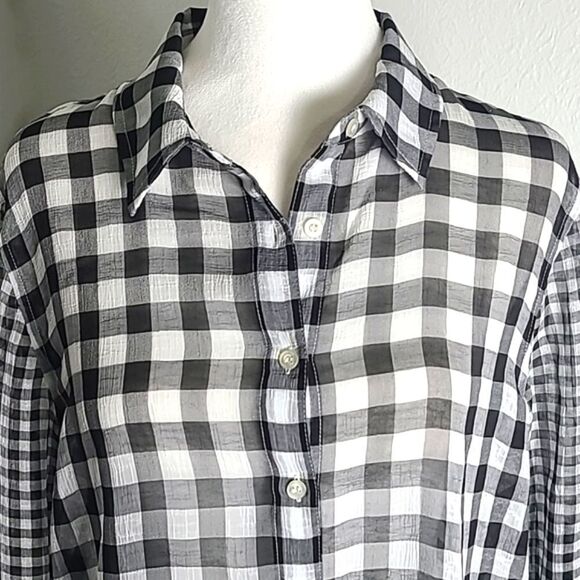 Calvin Klein High-Low Sheer Buttondown Blouse, Black & White Check, Size Medium - Picture 3 of 9